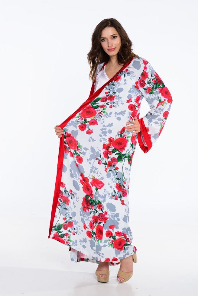 Long Comfy Robe, Kimono Robe, Red Roses Robe, Floral Lounge Robe