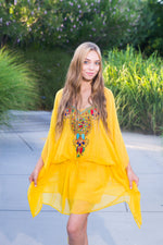 Load image into Gallery viewer, Mexican Dress, Yellow Kaftan Tunic Dress, Mexican Short Kaftan, Boho Midi Dress
