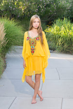 Load image into Gallery viewer, Mexican Dress, Yellow Kaftan Tunic Dress, Mexican Short Kaftan, Boho Midi Dress
