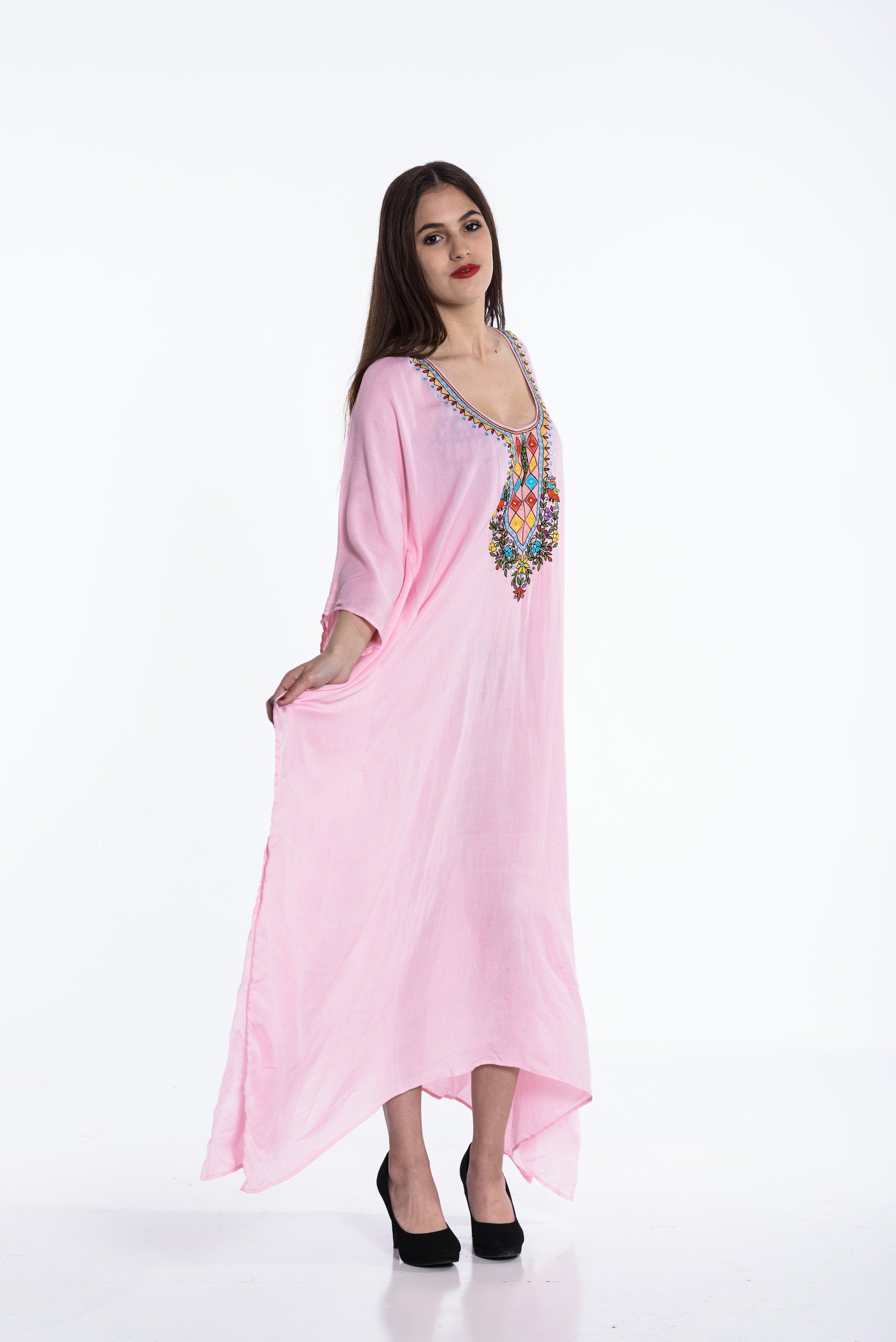 Pink Embroidered Kaftan, Pink Plus Size Kaftan, Long Kaftan For Women, Mexican Cotton Kaftan