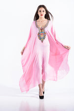 Load image into Gallery viewer, Pink Embroidered Kaftan, Pink Plus Size Kaftan, Long Kaftan For Women, Mexican Cotton Kaftan
