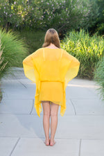 Load image into Gallery viewer, Mexican Dress, Yellow Kaftan Tunic Dress, Mexican Short Kaftan, Boho Midi Dress
