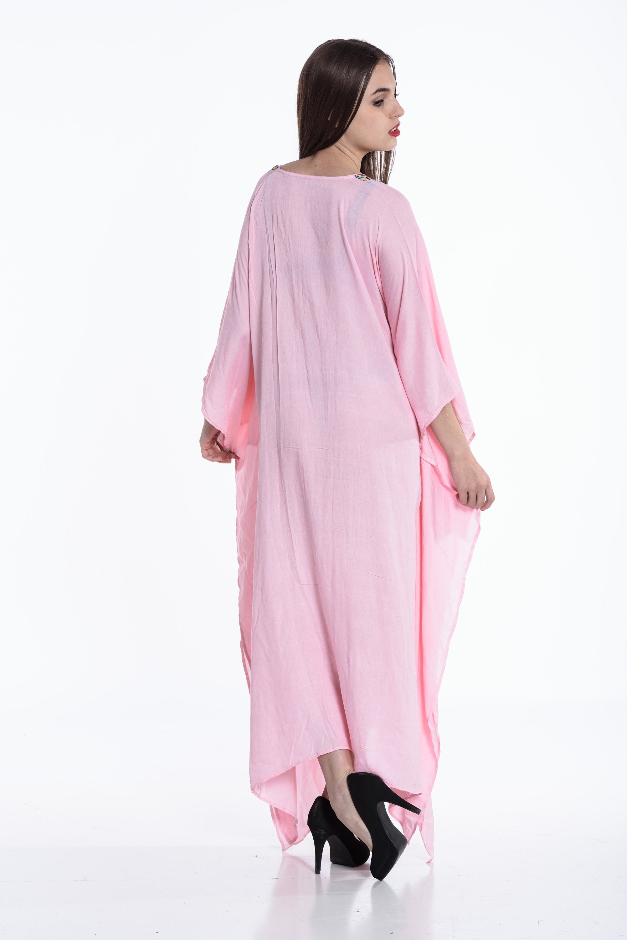 Pink Embroidered Kaftan, Pink Plus Size Kaftan, Long Kaftan For Women, Mexican Cotton Kaftan