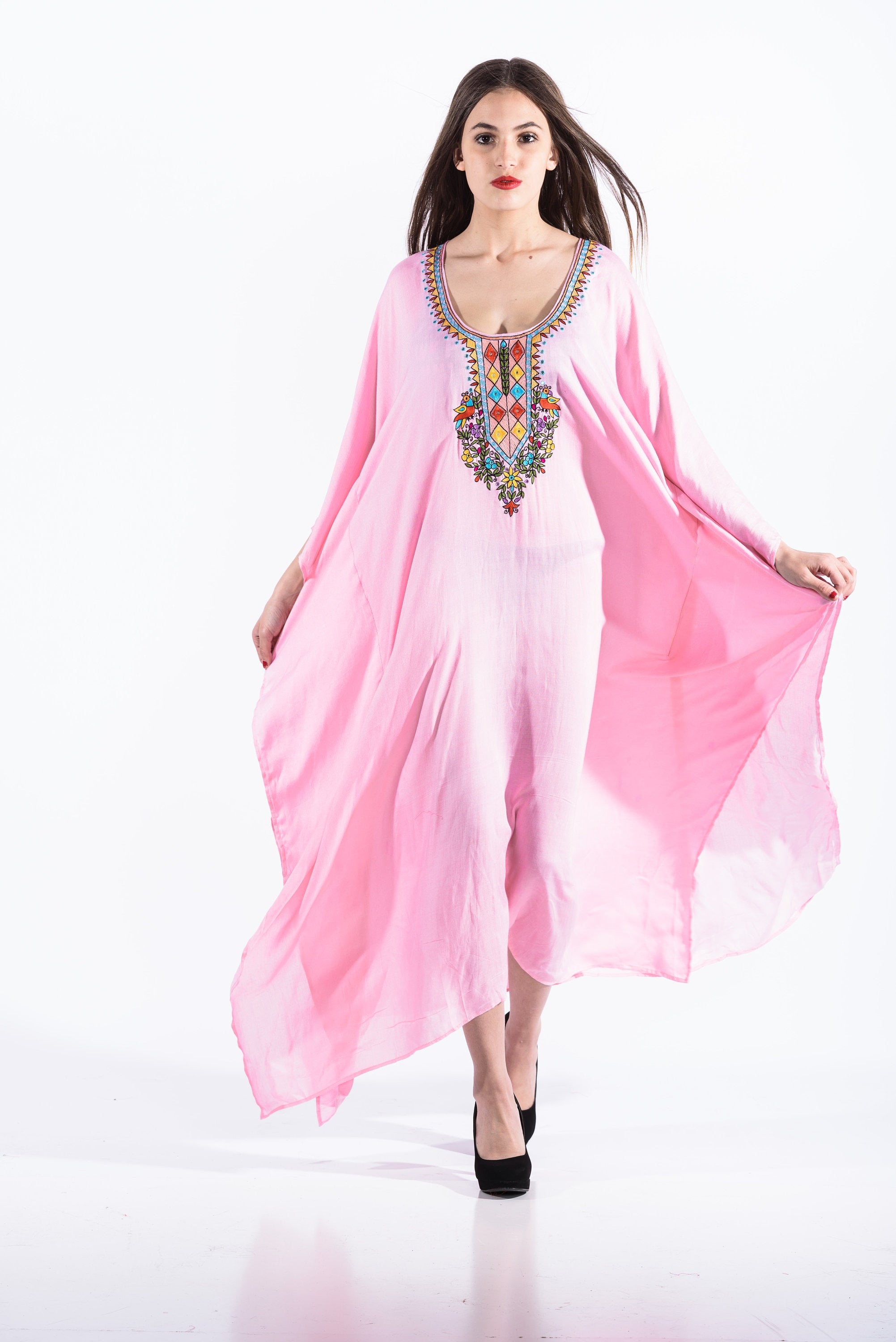 Pink Embroidered Kaftan, Pink Plus Size Kaftan, Long Kaftan For Women, Mexican Cotton Kaftan