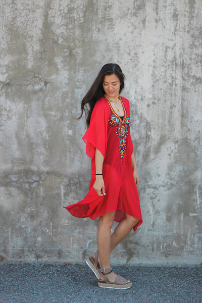 Red Mexican Dress, Plus Size Kaftan Dress, Embroidered Kaftan, Women Tunic  Dress