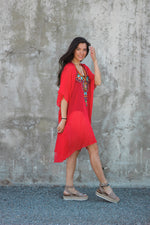 Load image into Gallery viewer, Red Mexican Dress, Plus Size Kaftan Dress, Embroidered Kaftan, Women Tunic Dress
