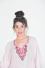 Load image into Gallery viewer, Pink Embroidered Kaftan, Pink Silk Kaftan, Pink Plus Size Kaftan, Moroccan Kaftan
