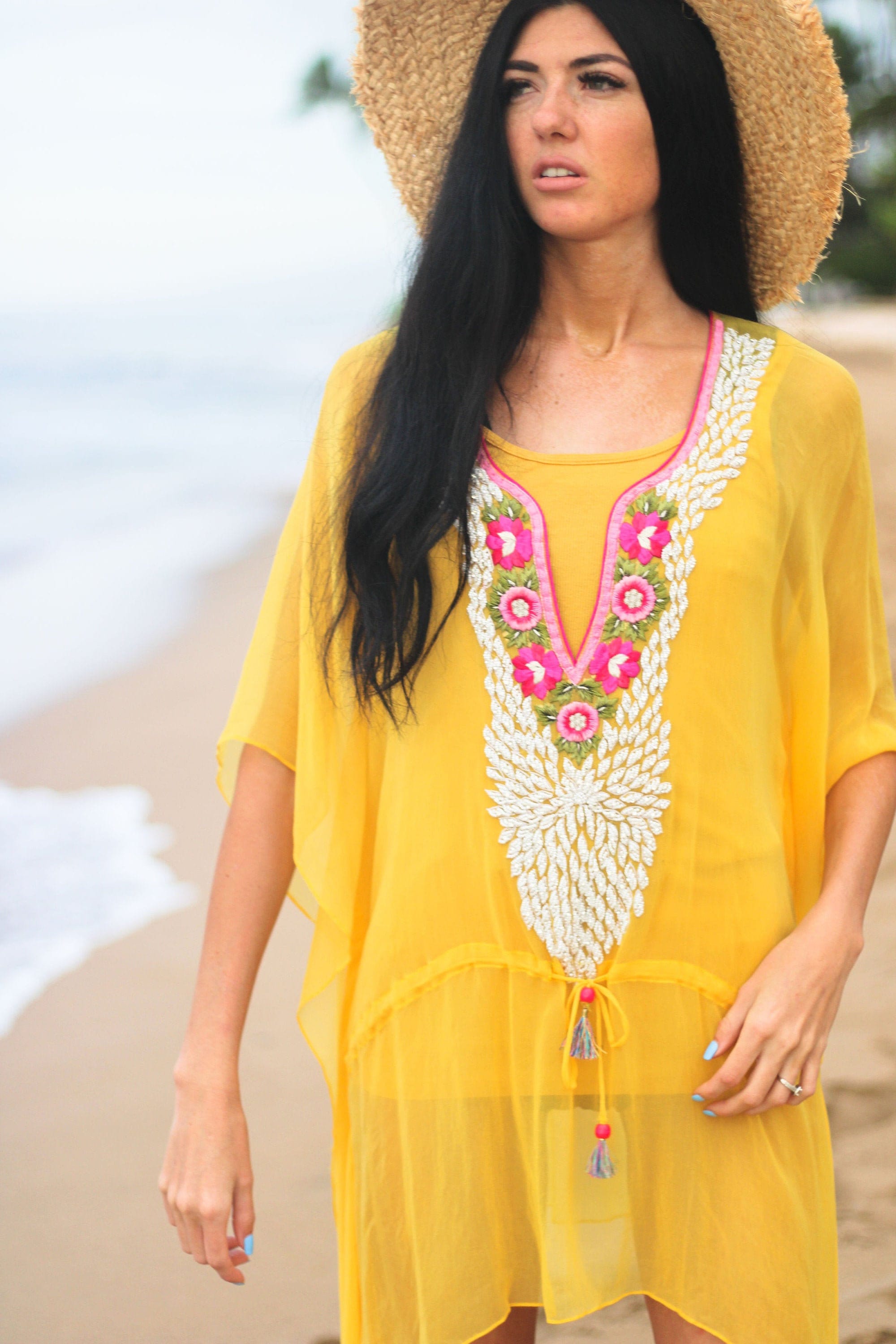 Yellow Tunic Dress, Beach Kaftan Dress, Women Short Kaftan, Embroidered Yellow Dress