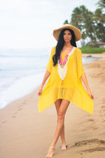 Load image into Gallery viewer, Yellow Tunic Dress, Beach Kaftan Dress, Women Short Kaftan, Embroidered Yellow Dress
