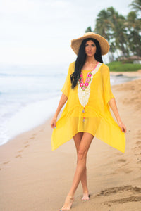 Yellow Tunic Dress, Beach Kaftan Dress, Women Short Kaftan, Embroidered Yellow Dress