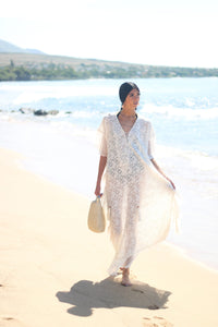White Lace Up Kaftan Dress, Beach Wedding Dress, Bridal Lingerie, Boho Wedding Dress