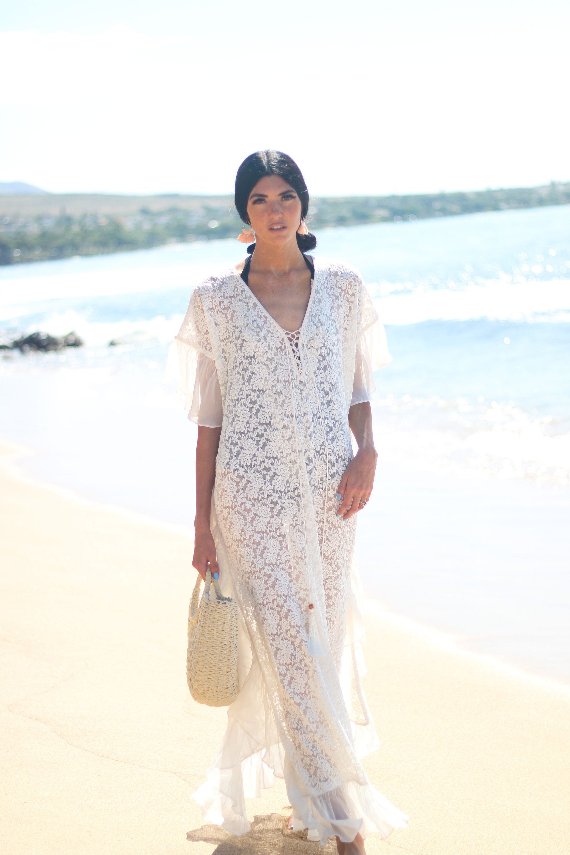 White Lace Up Kaftan Dress, Beach Wedding Dress, Bridal Lingerie, Boho Wedding Dress