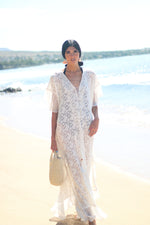 Load image into Gallery viewer, White Lace Up Kaftan Dress, Beach Wedding Dress, Bridal Lingerie, Boho Wedding Dress
