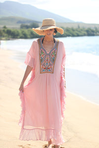 Pink Embroidered Dress, Women Kaftan Dress, Fringe Kaftan Dress, Bohemian Kaftan Dress