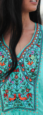 Load image into Gallery viewer, Embroidered Dress, Fringe Dress, Women Loungewear Caftan, Teal Lounge Dress
