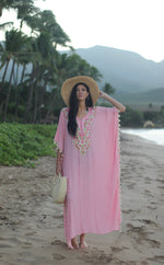 Load image into Gallery viewer, Pink Bohemian Dress, Floral Kaftan, Beaded Kaftan, Plus Size Maxi Kaftan
