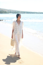 Load image into Gallery viewer, White Lace Up Kaftan Dress, Beach Wedding Dress, Bridal Lingerie, Boho Wedding Dress
