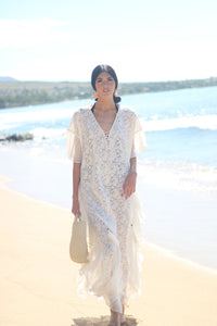 White Lace Up Kaftan Dress, Beach Wedding Dress, Bridal Lingerie, Boho Wedding Dress