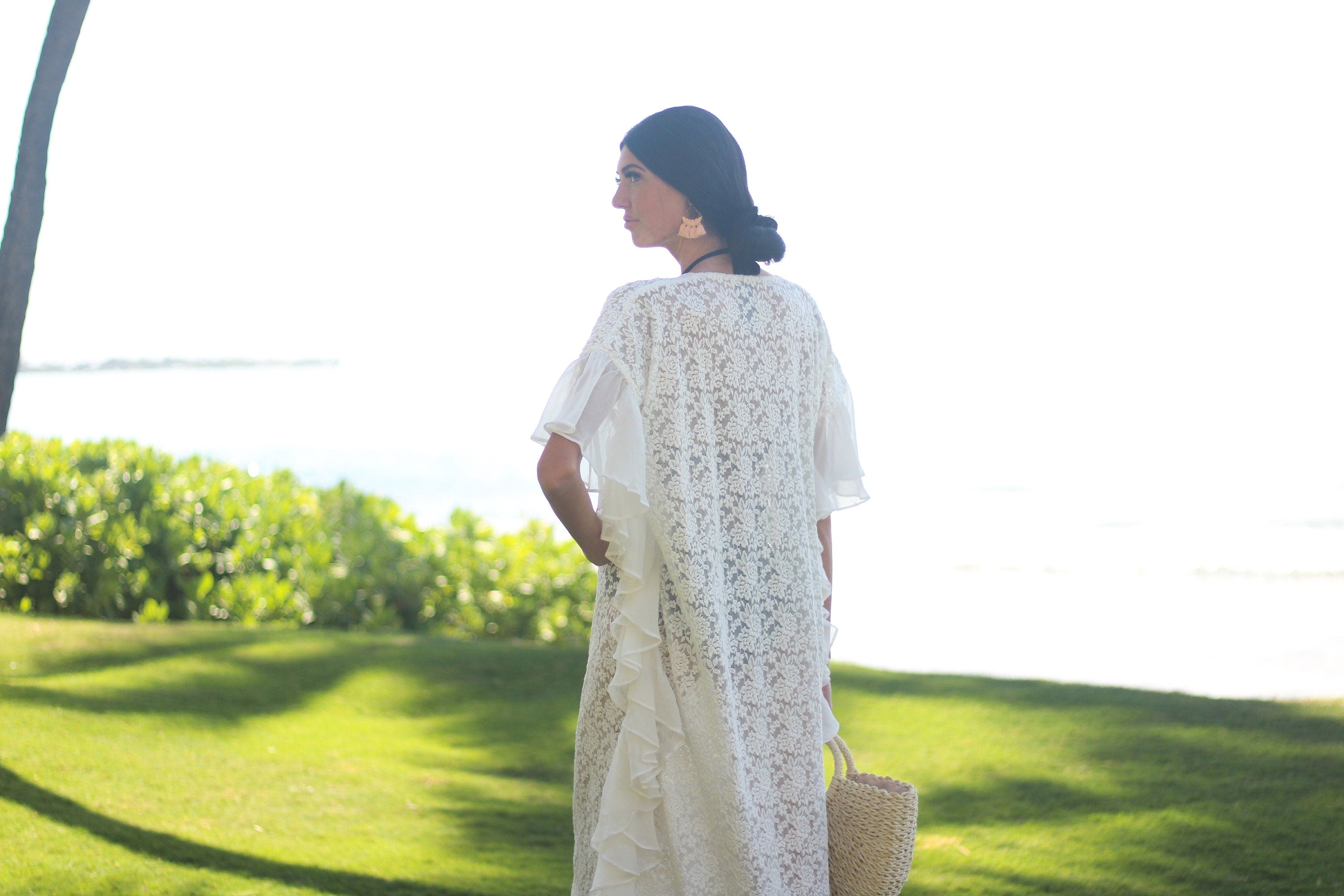 White Lace Up Kaftan Dress, Beach Wedding Dress, Bridal Lingerie, Boho Wedding Dress