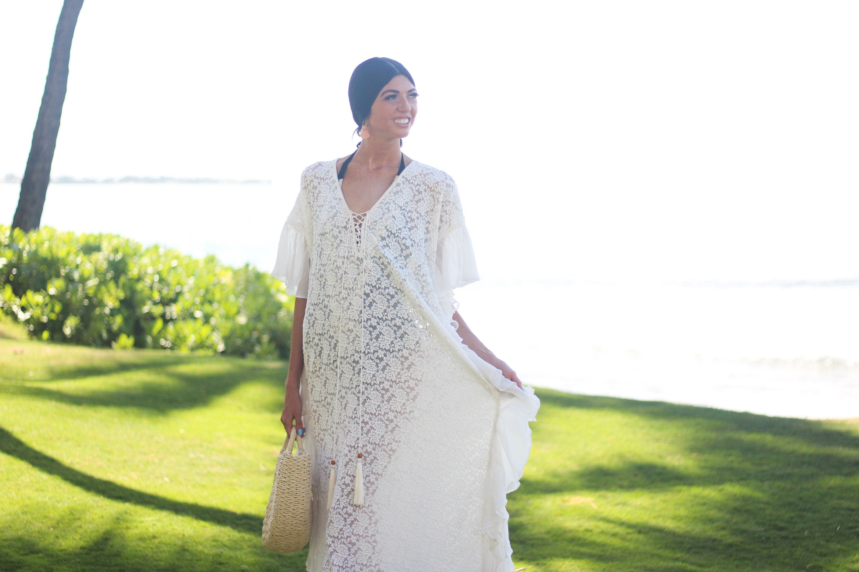 White Lace Up Kaftan Dress, Beach Wedding Dress, Bridal Lingerie, Boho Wedding Dress
