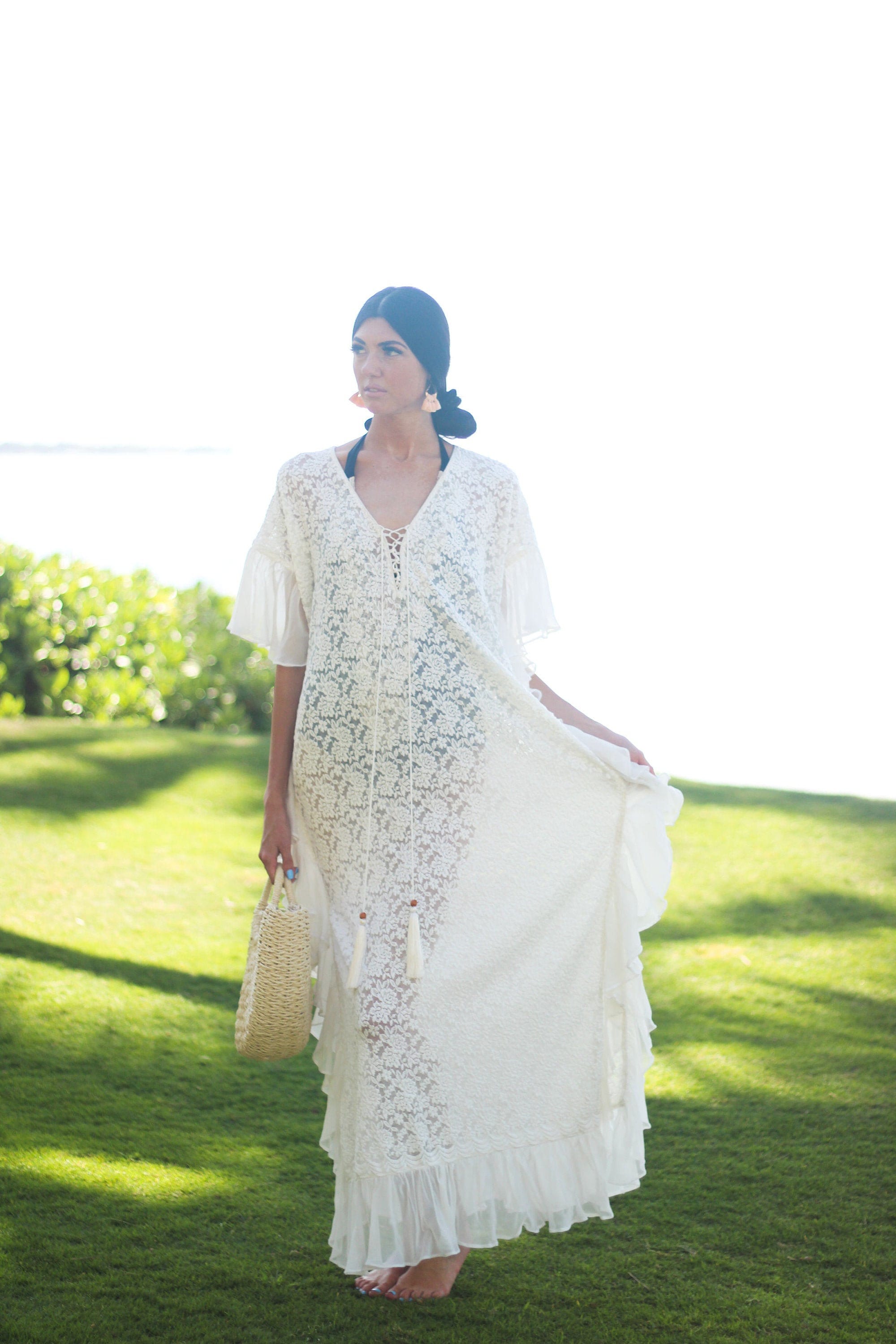 White Lace Up Kaftan Dress, Beach Wedding Dress, Bridal Lingerie, Boho Wedding Dress