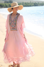 Load image into Gallery viewer, Pink Embroidered Dress, Women Kaftan Dress, Fringe Kaftan Dress, Bohemian Kaftan Dress
