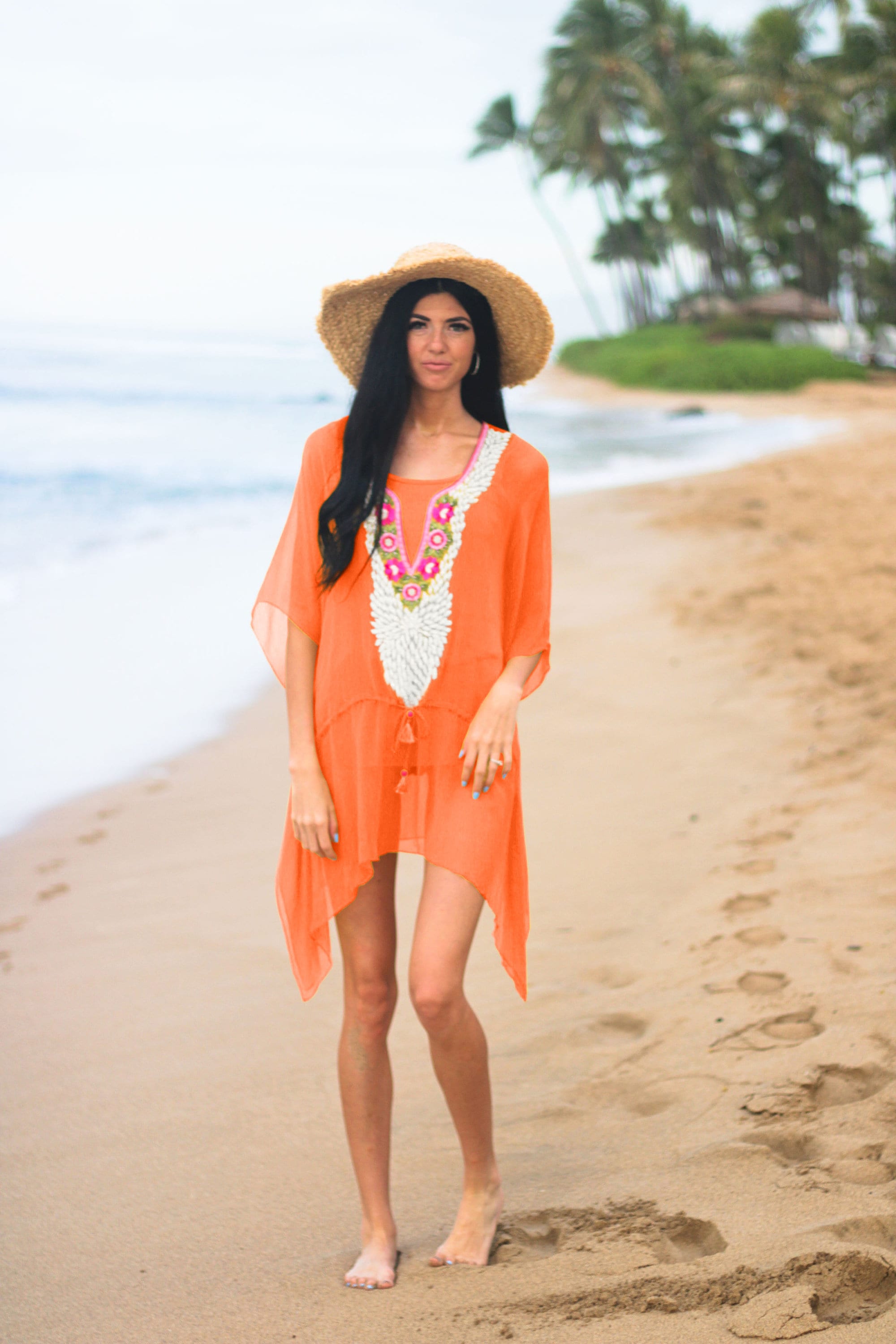 Orange Beach Tunic Top, Bikini Cover Up, Short Kaftan Dress, Embroidered Orange Dress