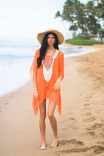 Load image into Gallery viewer, Orange Beach Tunic Top, Bikini Cover Up, Short Kaftan Dress, Embroidered Orange Dress
