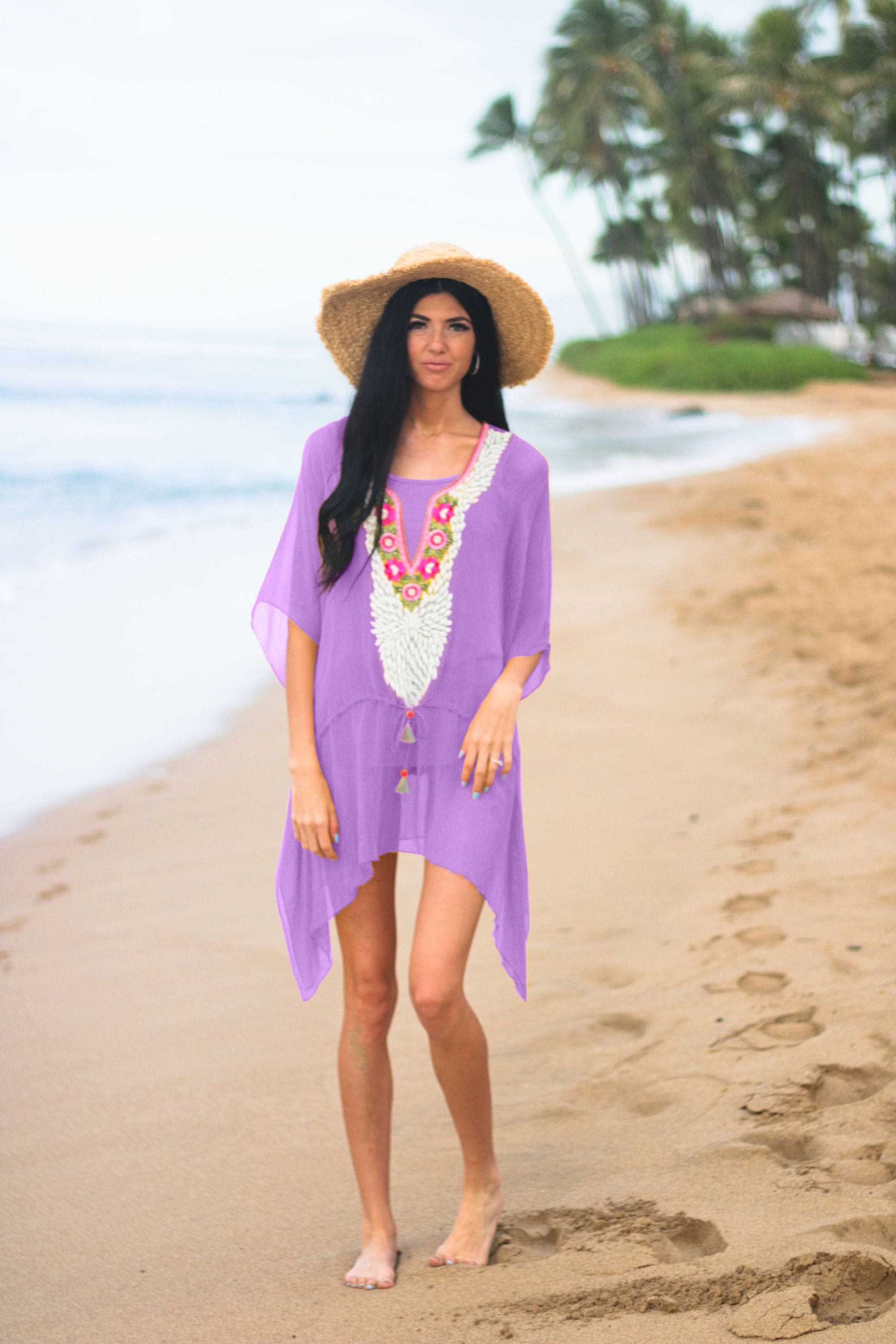 Purple Tunic Dress, Beach Cover Up, Embellished Short Kaftan, Plus Purle Kaftan