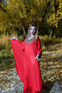 Embroidered Red Dress, Red Abaya Dress, Maxi Kaftan For Women, Maternity Dress