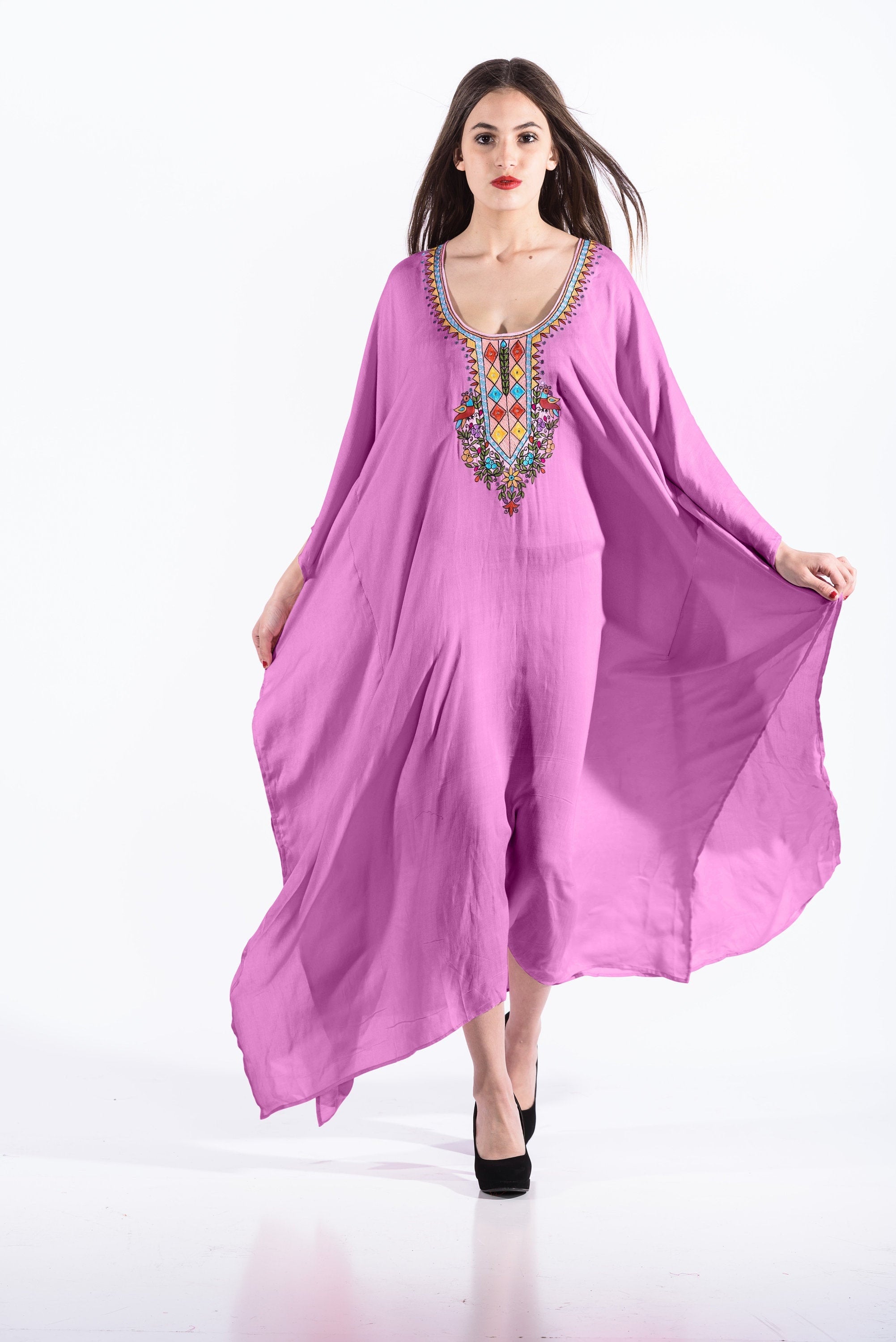 Pink Embroidered Kaftan, Pink Plus Size Kaftan, Long Pink Kaftan Dress, Moroccan Kaftan