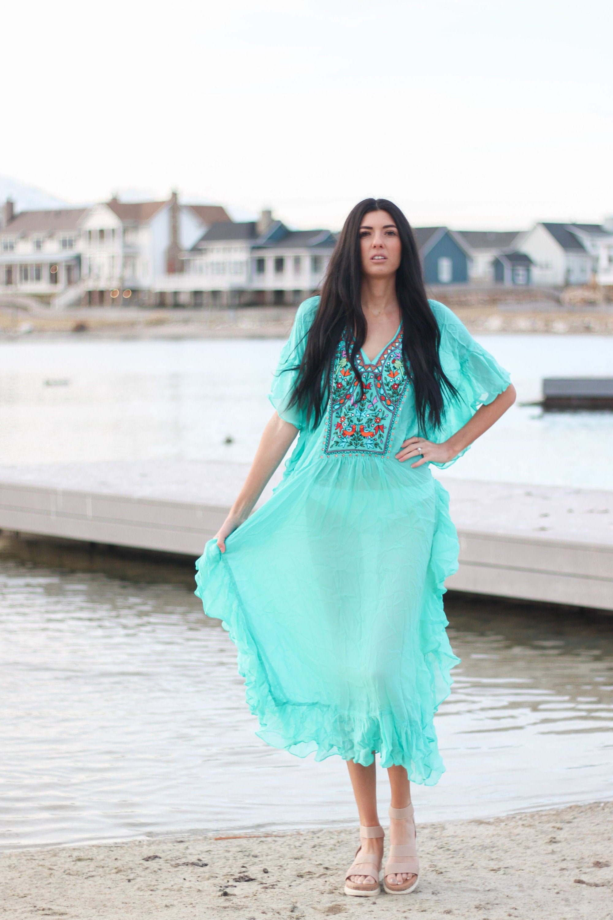 Embroidered Dress, Fringe Dress, Women Loungewear Caftan, Teal Lounge Dress