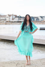 Load image into Gallery viewer, Embroidered Dress, Fringe Dress, Women Loungewear Caftan, Teal Lounge Dress
