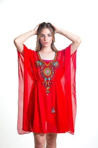 Red Kaftan Dress, Mexican Tunic Dress, Beach Tunic Dress, Embroidered Kaftan Dress