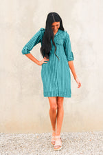 Load image into Gallery viewer, Teal Short Dress, Striped Shirt Dress, Tunic Dress, Women Midi Dress
