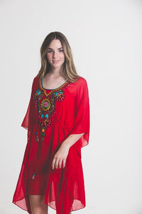 Red Kaftan Dress, Mexican Tunic Dress, Beach Tunic Dress, Embroidered Kaftan Dress