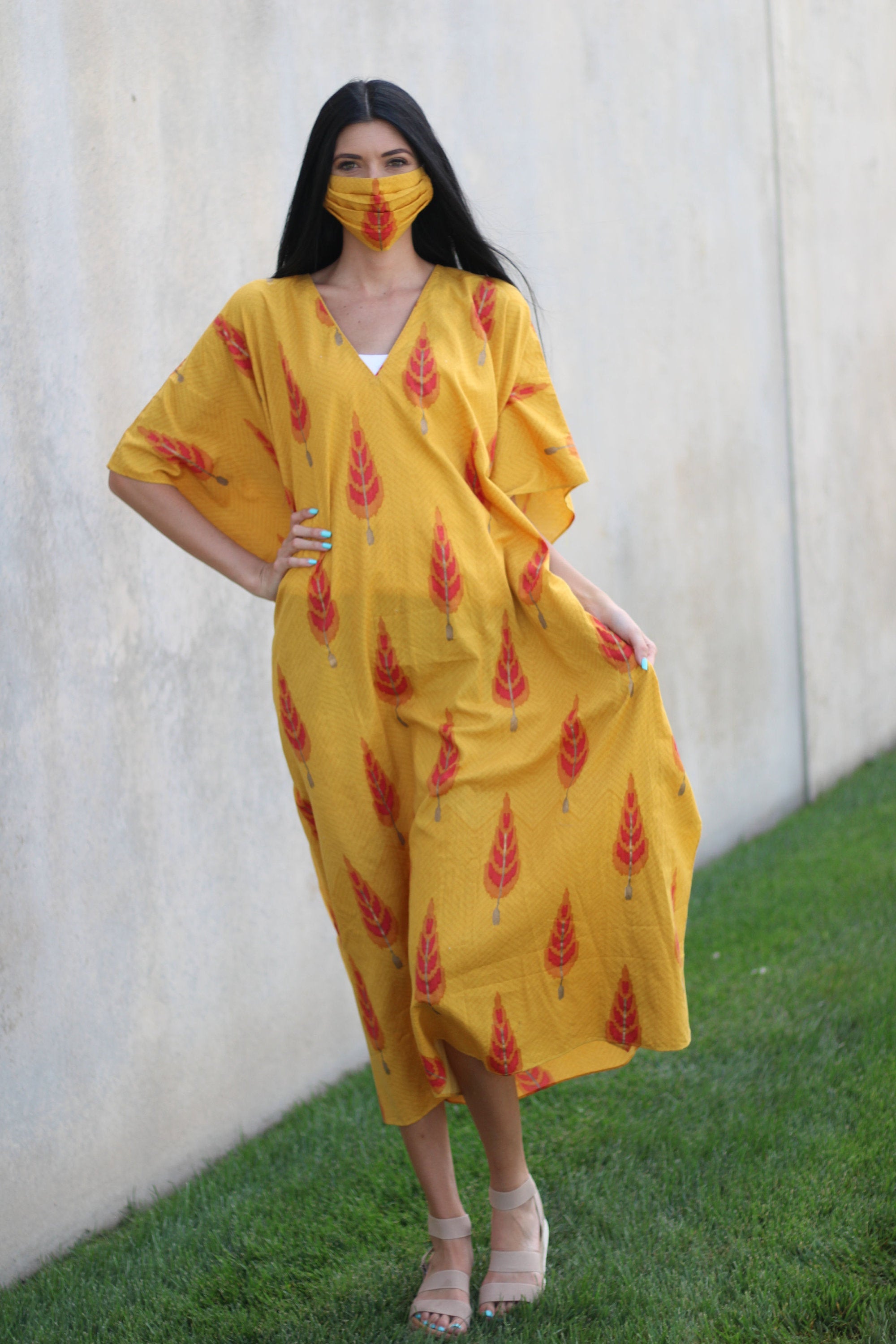 Yellow Cotton Kaftan Dress, Cotton Maxi Dress, Cotton Kaftan for Women, Plus Size Cotton Kaftan