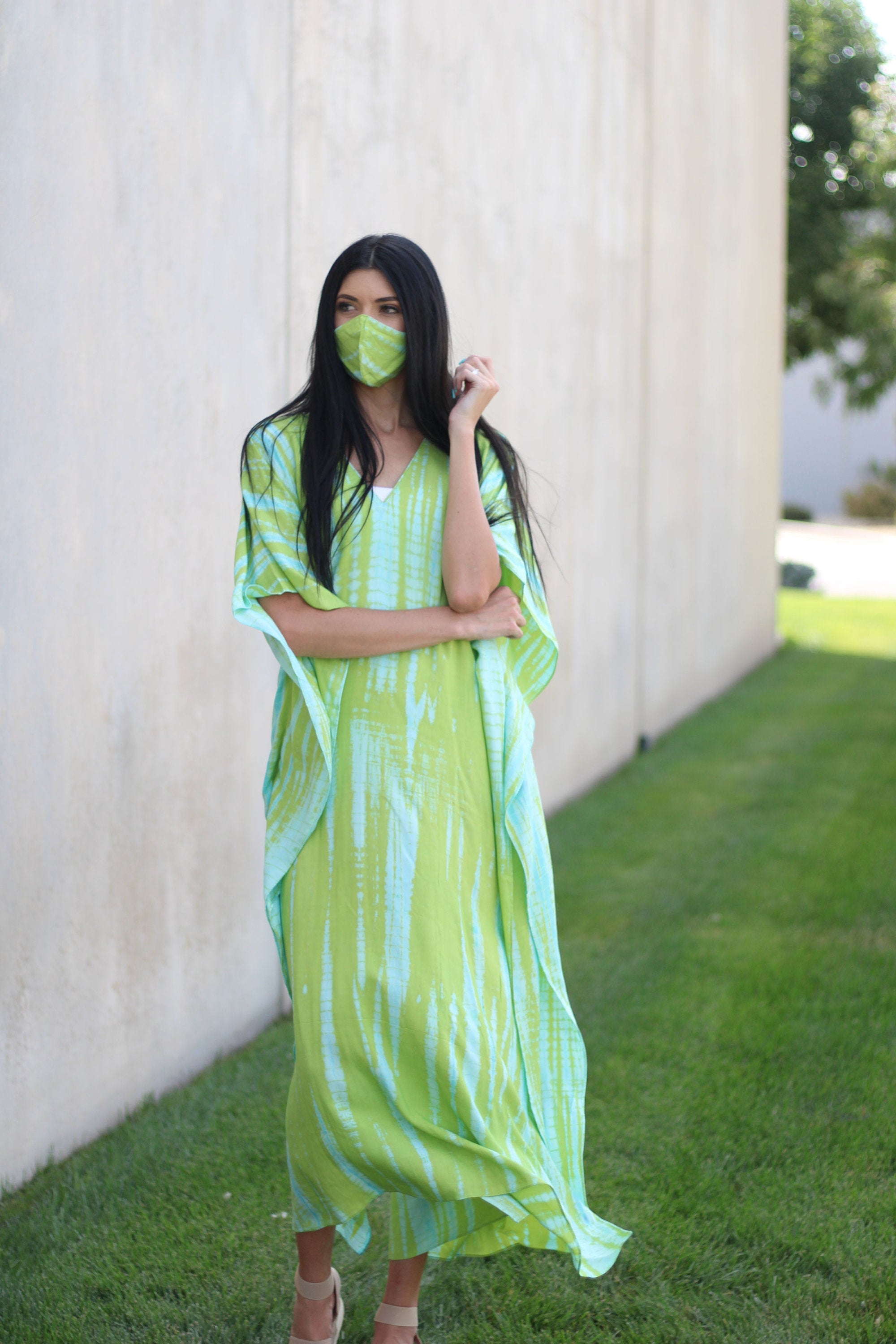 Green Hand Tie Dyed Caftan, Plus Size Caftan, House Lounge Caftan, Caftan for Women