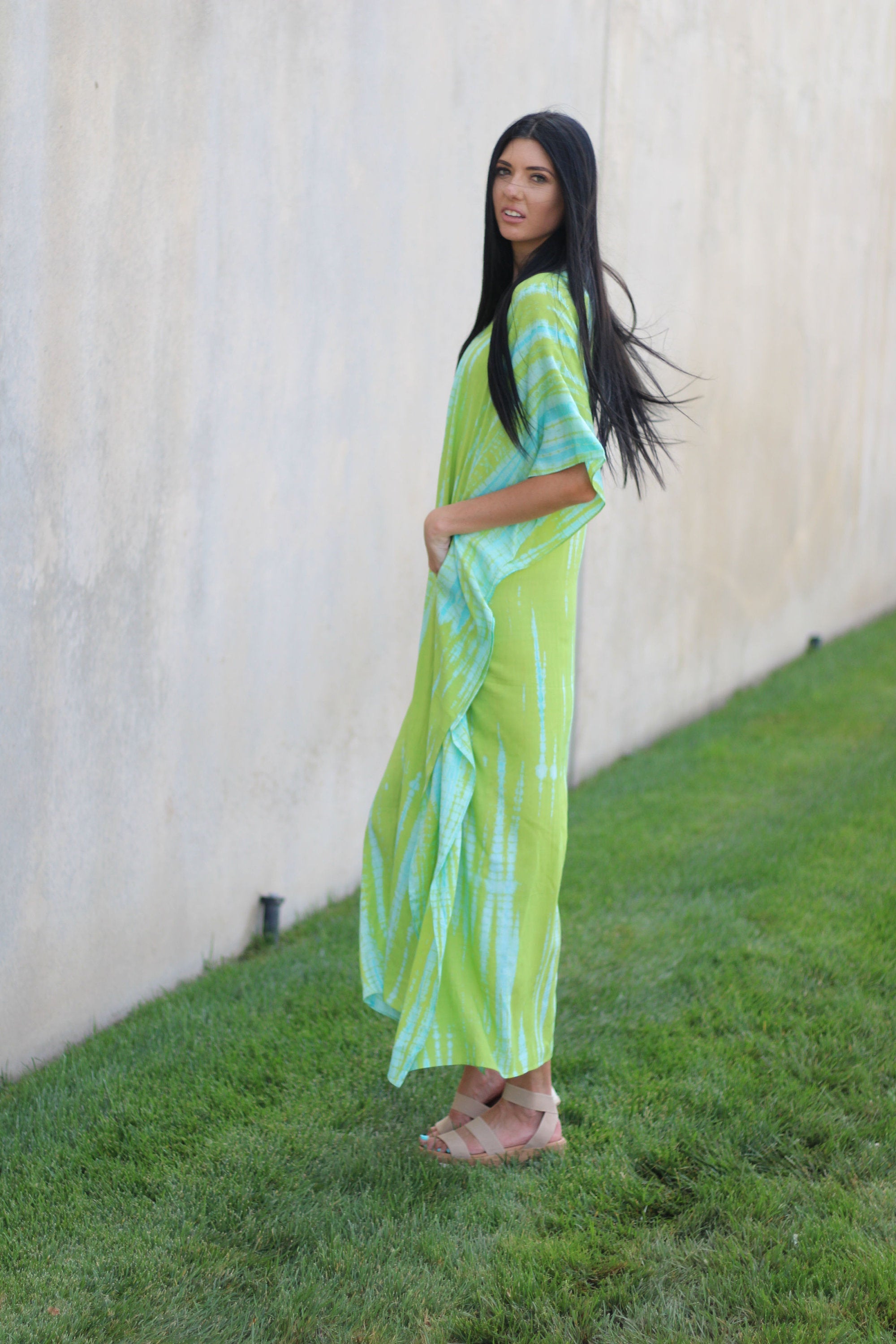 Green Hand Tie Dyed Caftan, Plus Size Caftan, House Lounge Caftan, Caftan for Women