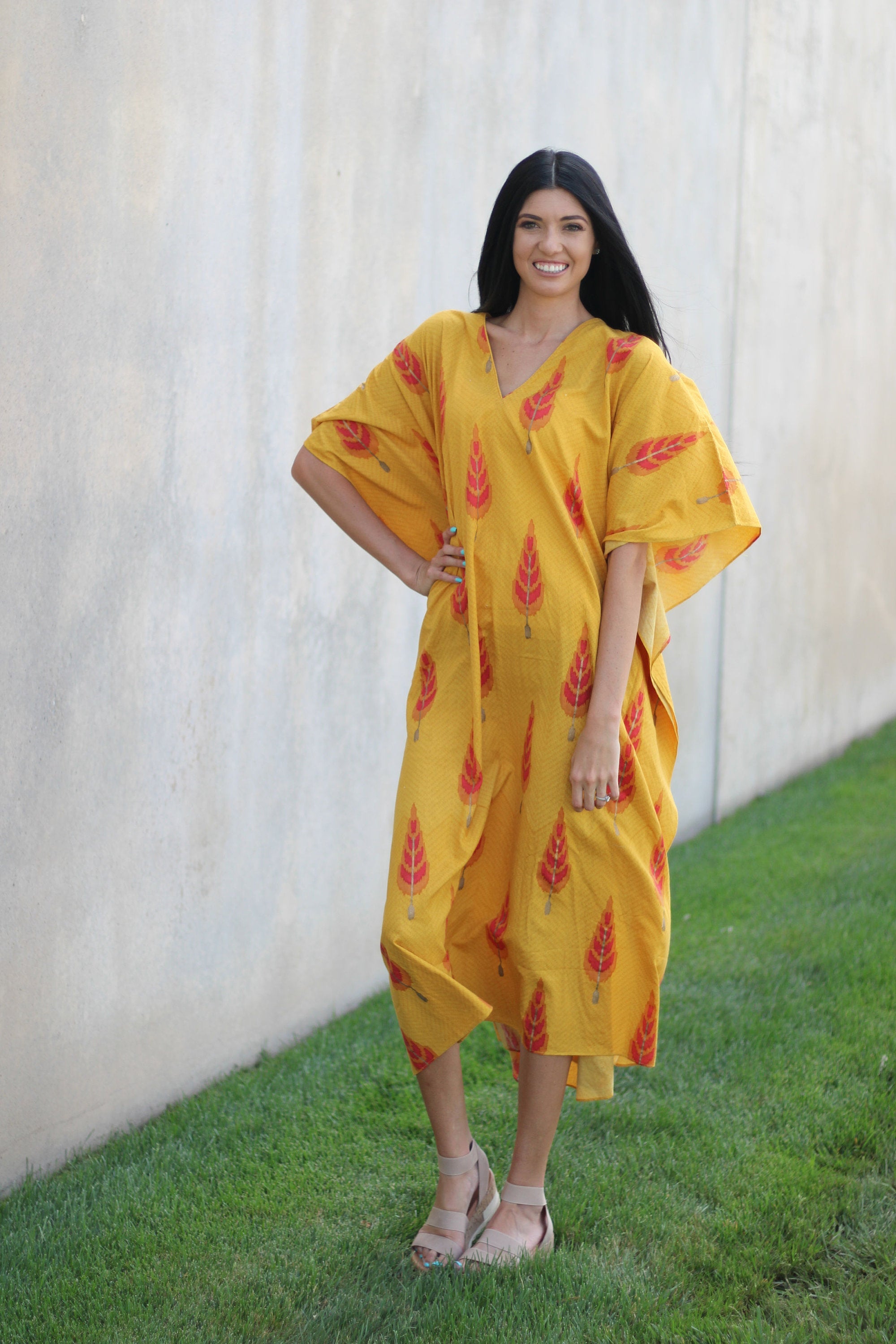 Yellow Cotton Kaftan Dress, Cotton Maxi Dress, Cotton Kaftan for Women, Plus Size Cotton Kaftan