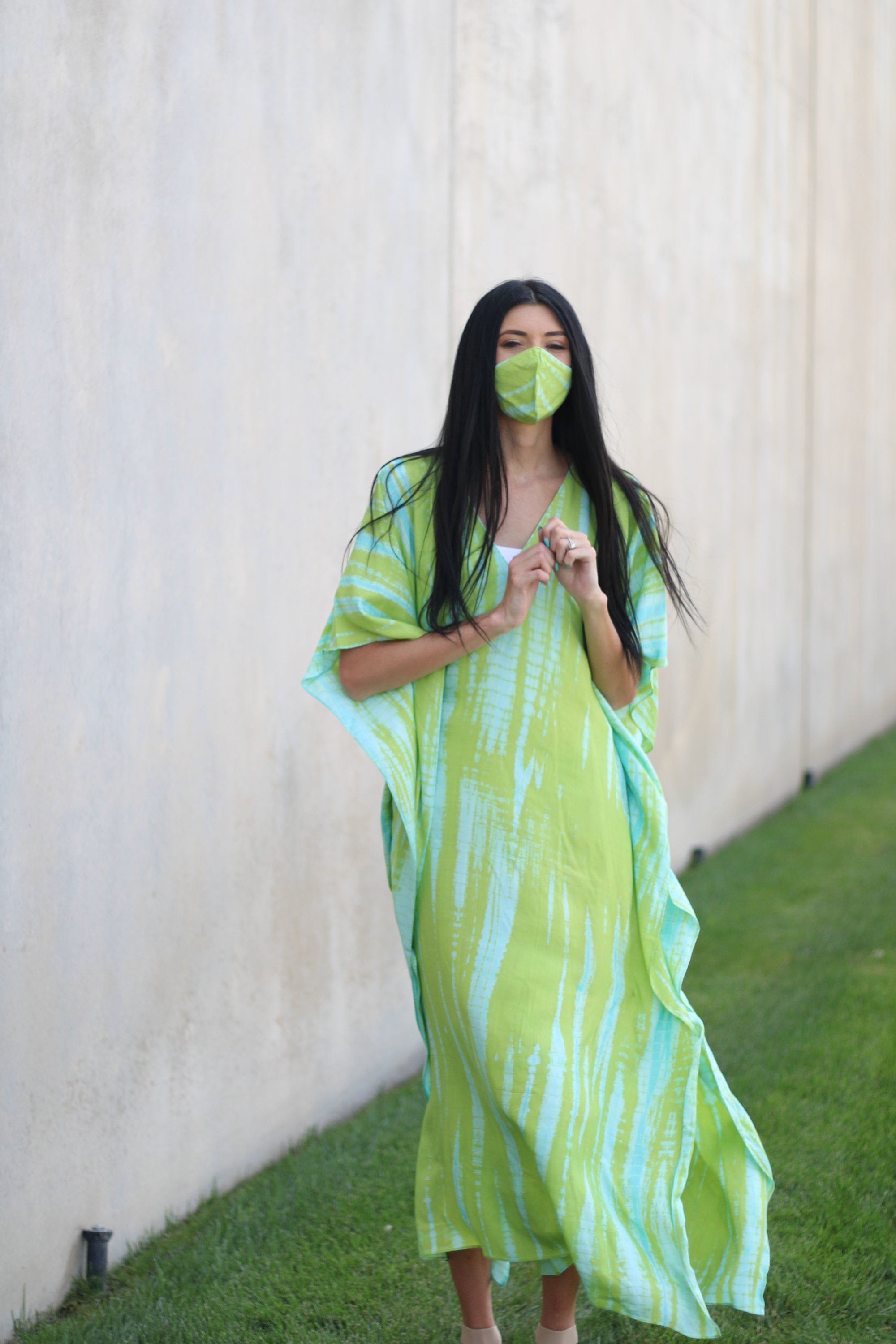 Green Hand Tie Dyed Caftan, Plus Size Caftan, House Lounge Caftan, Caftan for Women