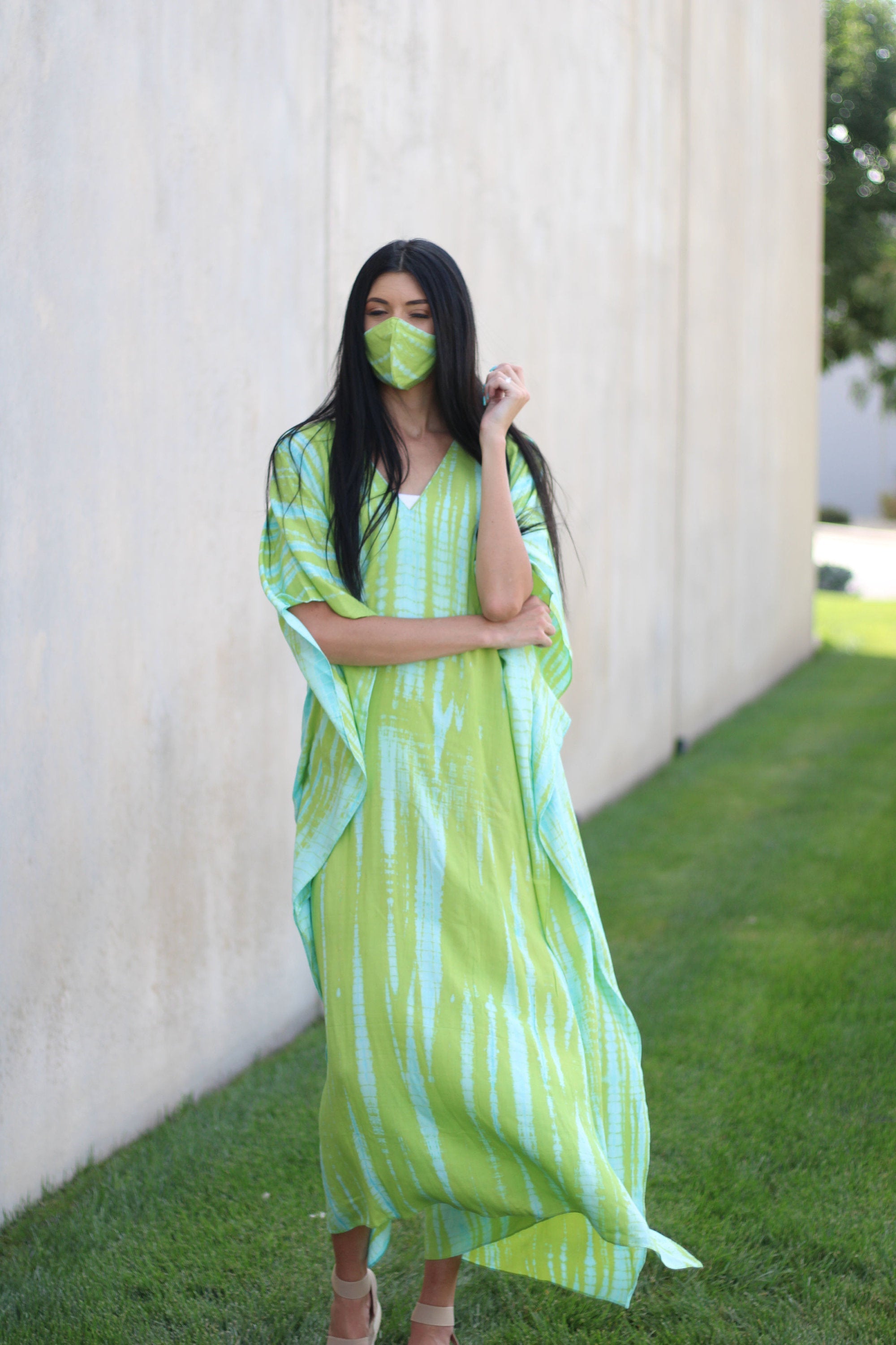 Green Hand Tie Dyed Caftan, Plus Size Caftan, House Lounge Caftan, Caftan for Women