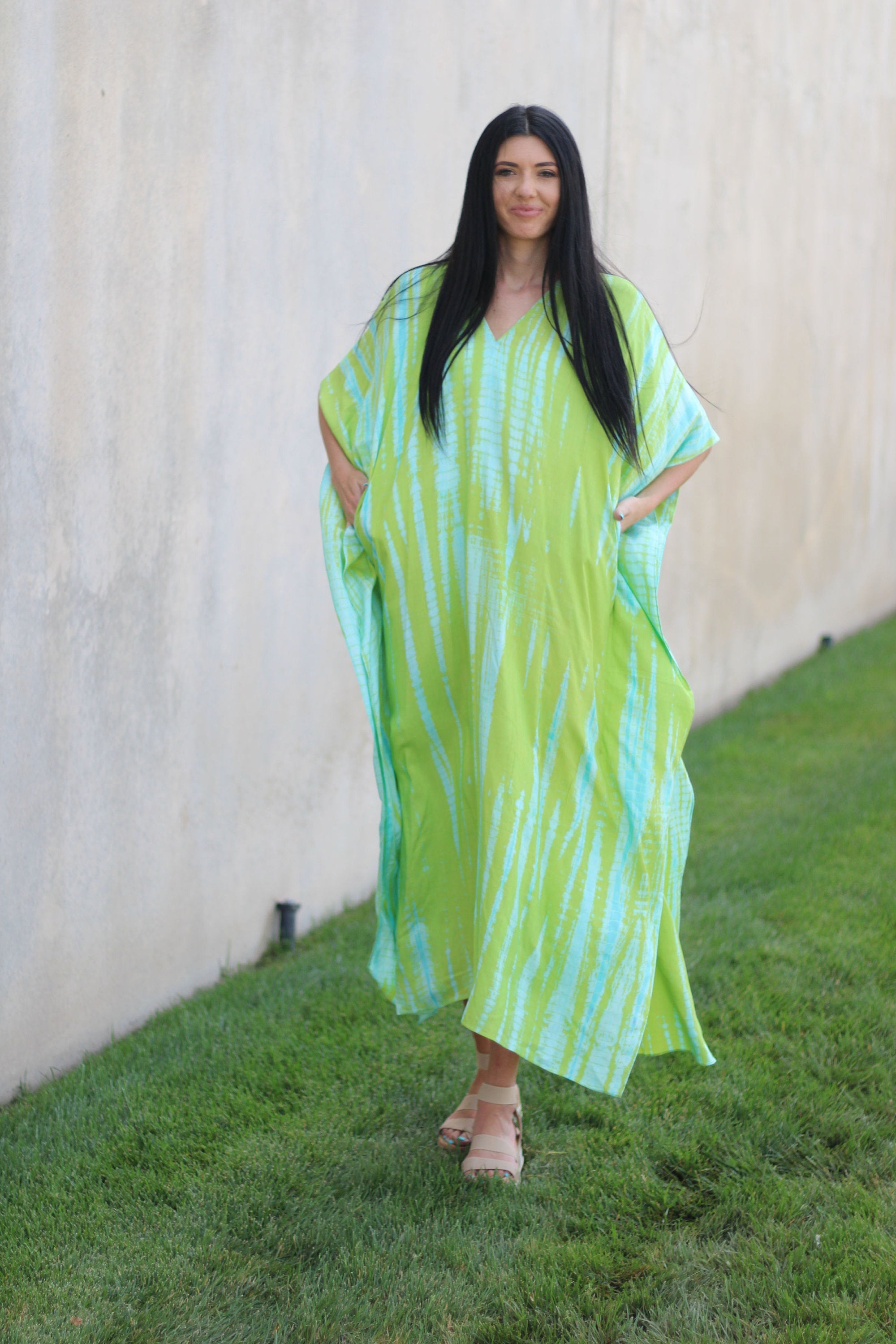 Green Hand Tie Dyed Caftan, Plus Size Caftan, House Lounge Caftan, Caftan for Women