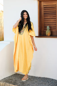 Yellow Handspun Dress, Khadi Kaftan Dress, Plus Size Cotton Kaftan, Maternity Dress