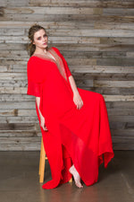 Load image into Gallery viewer, Red Embroidered Dress, Moroccan Kaftan For Women, White Caftan Dress, Plus Size Kaftan Dress
