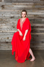 Load image into Gallery viewer, Red Embroidered Dress, Moroccan Kaftan For Women, White Caftan Dress, Plus Size Kaftan Dress
