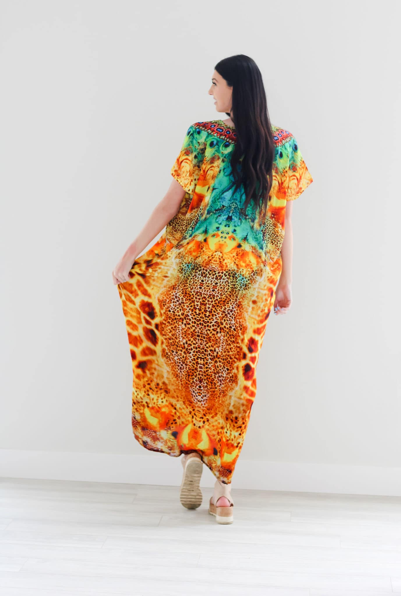 Silk caftan dress in yellow animal print design