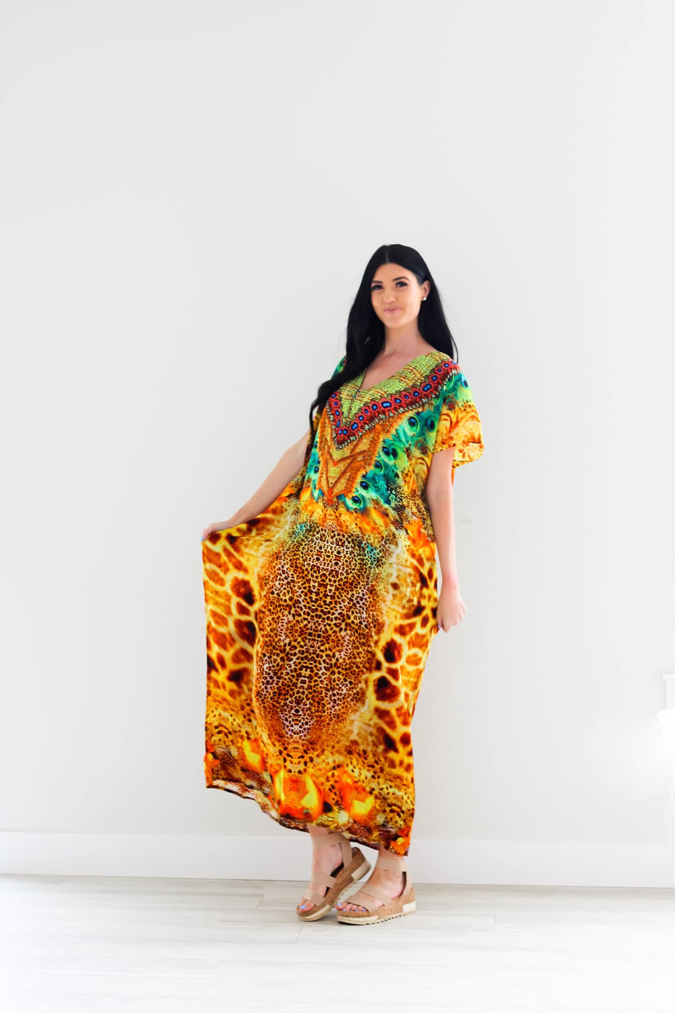 Silk caftan dress in yellow animal print design