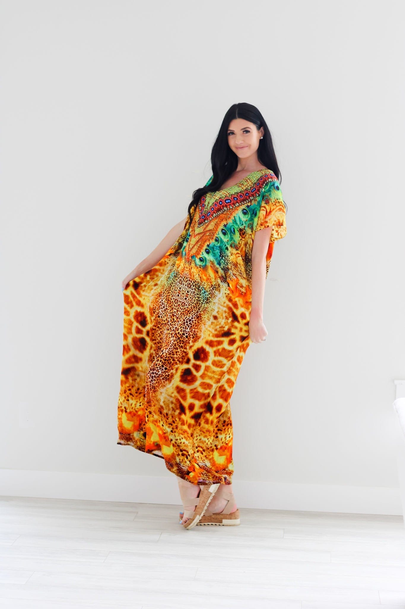 Silk caftan dress in yellow animal print design