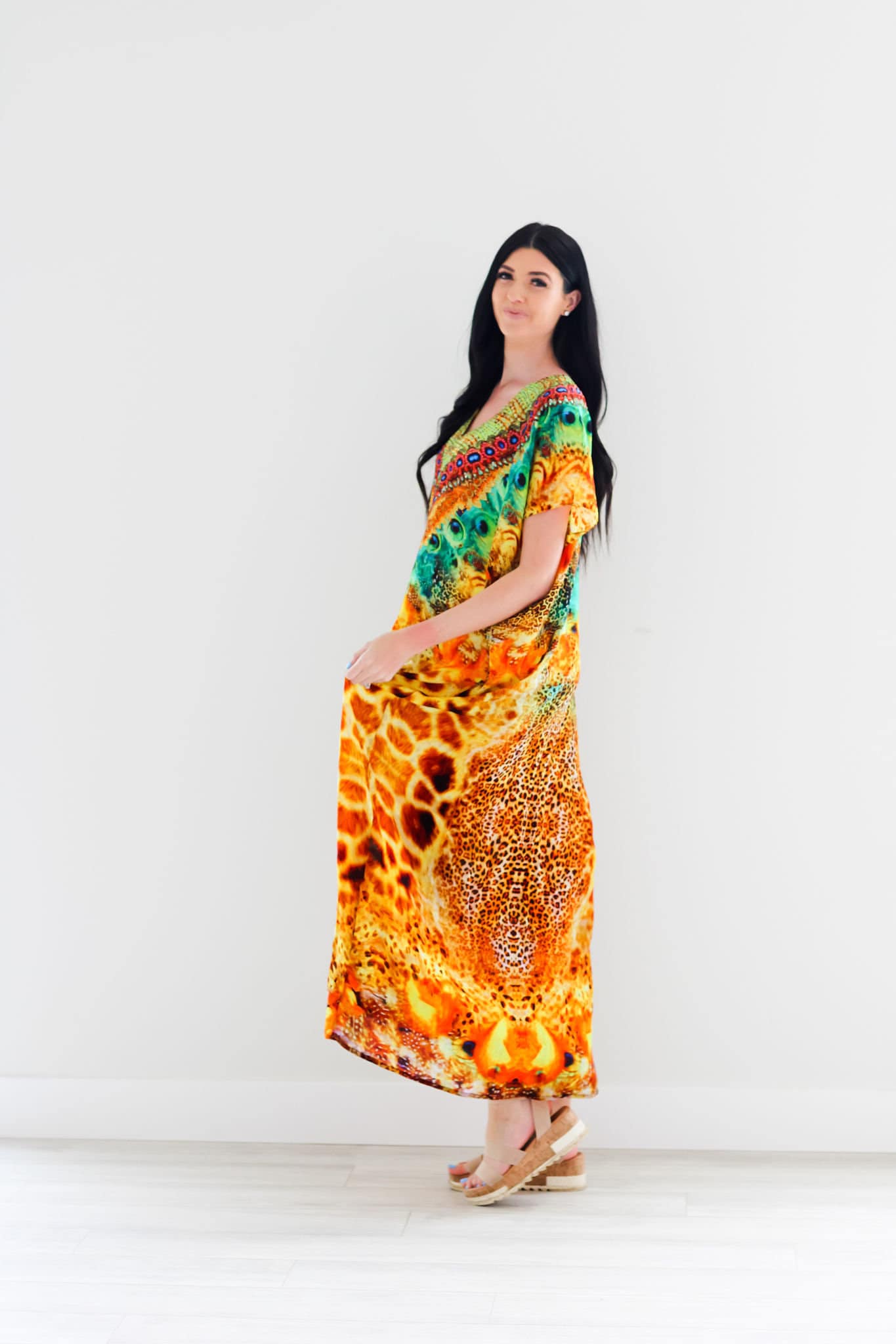 Silk caftan dress in yellow animal print design